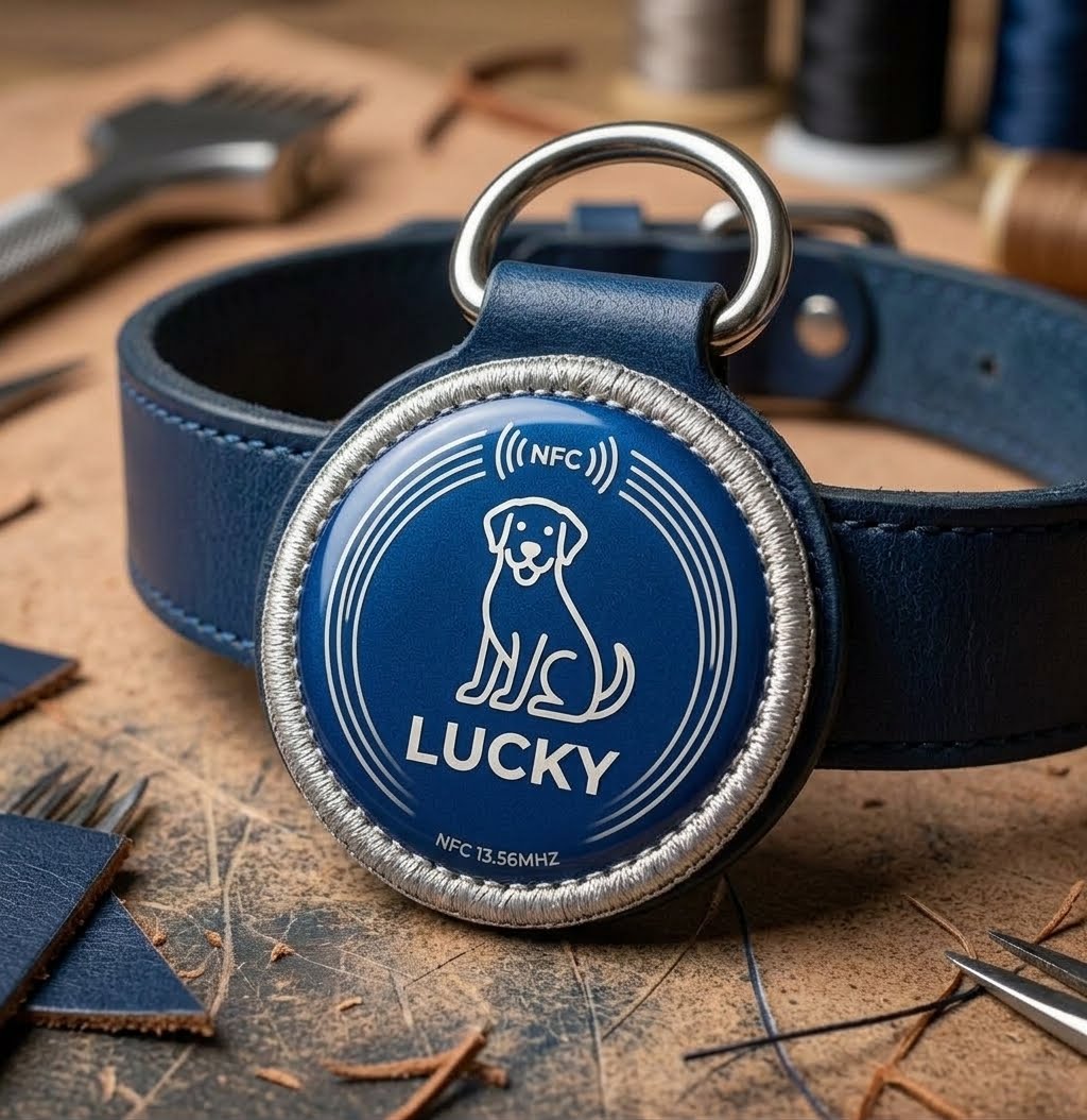 Llavero NFC azul con silueta de perro para placa de mascota